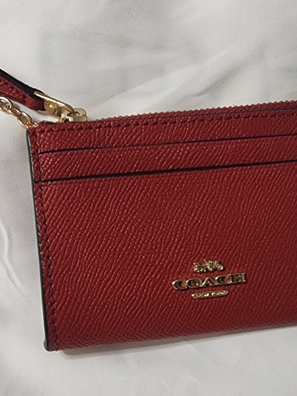 Coach Red Leather Zip Card Case Wristlet with Gold Hardware